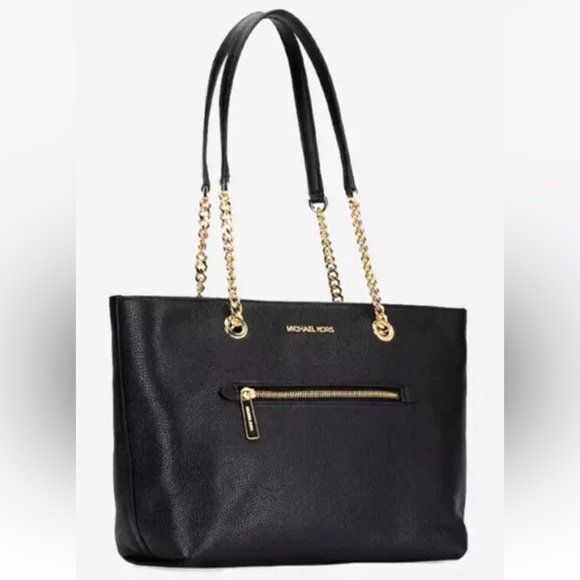 New Michael Kors Jet Set Medium Front Zip Chain Tote Pebble Leather Black - Picture 2 of 3